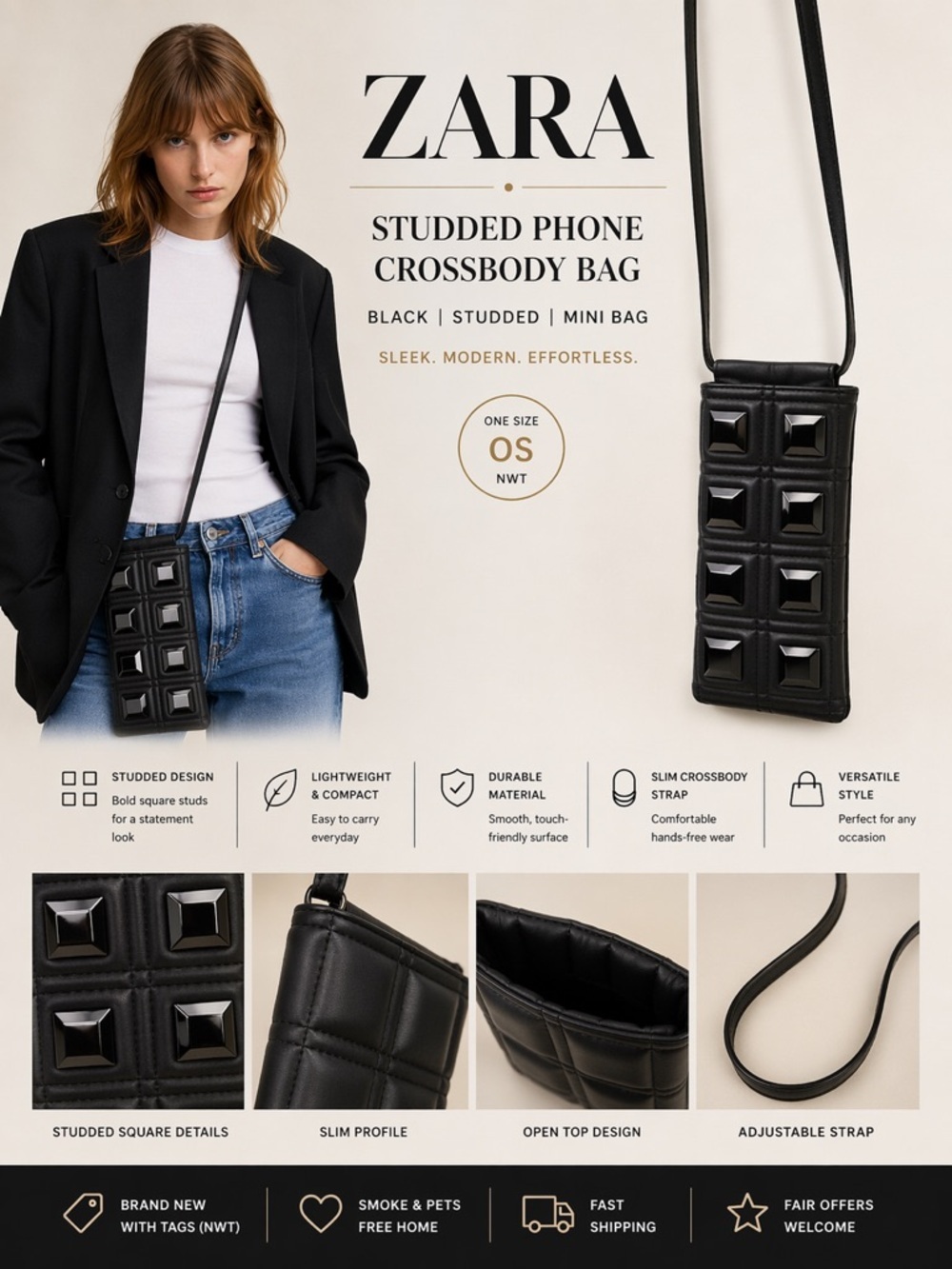 Zara Black Studded Phone Crossbody Mini Bag